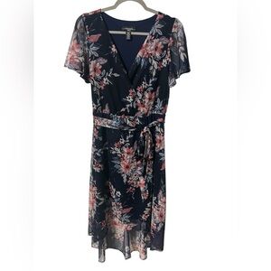 R&M Richards Floral Wrap Navy Midi Dress with Red, White, and Blue Accents NWOT